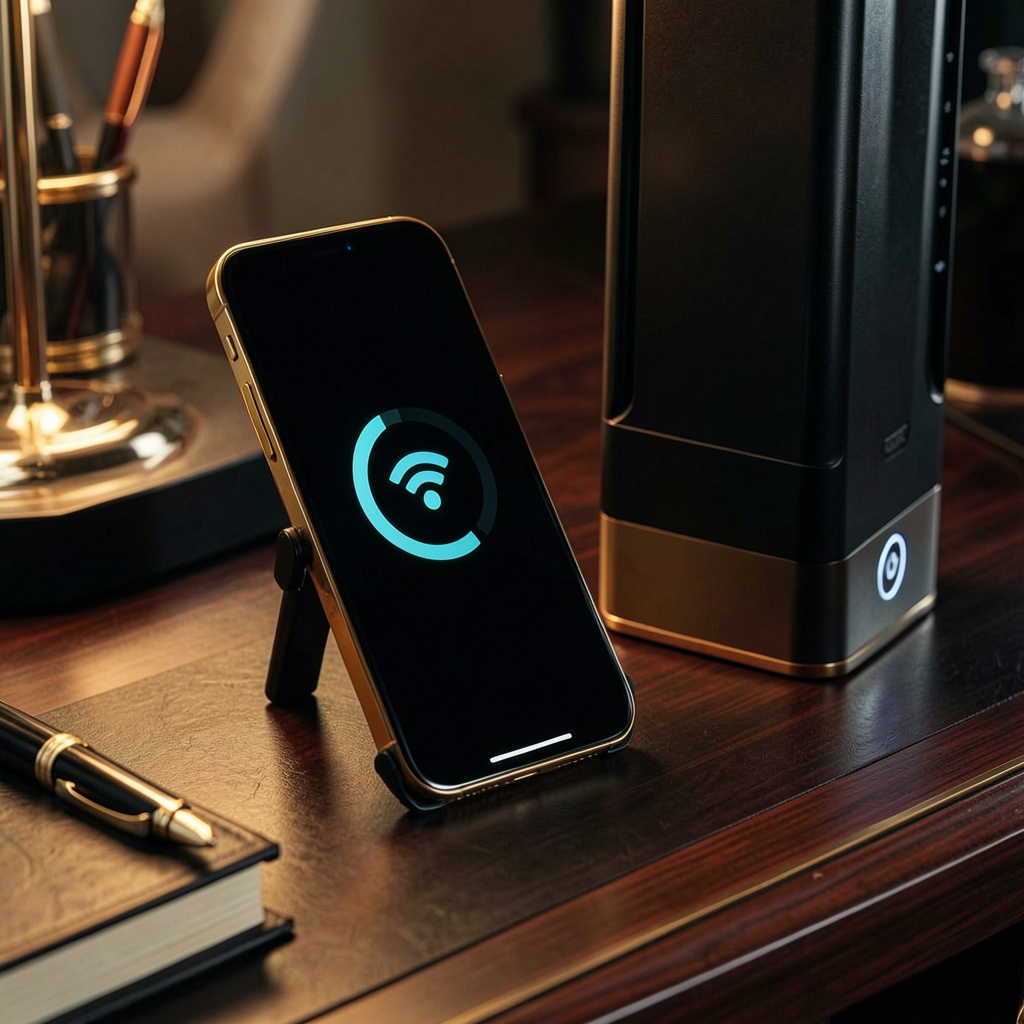 iPhone connected to Wi-Fi with slow internet loading on a modern desk setup